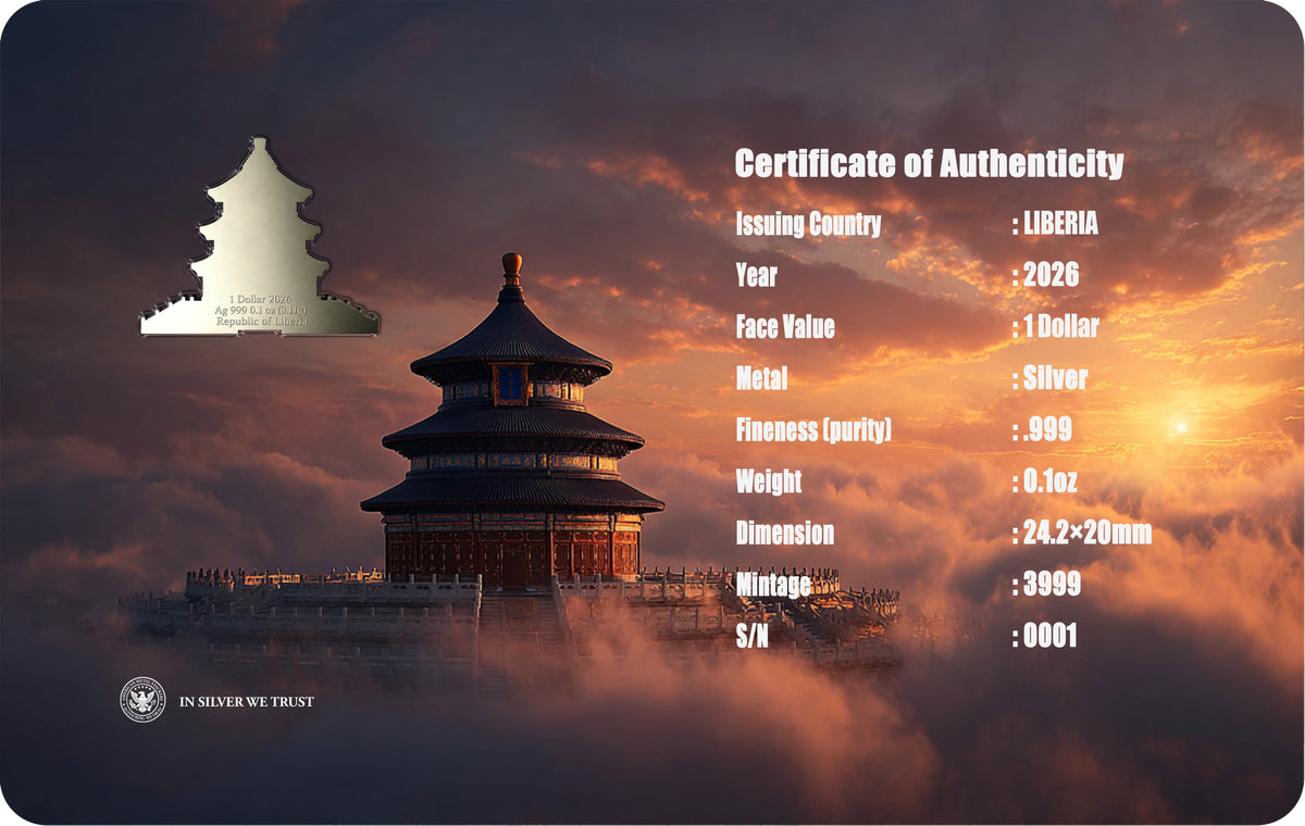 2026 Liberia Temple of Heaven HR 1/10 oz Silver Coin in Card