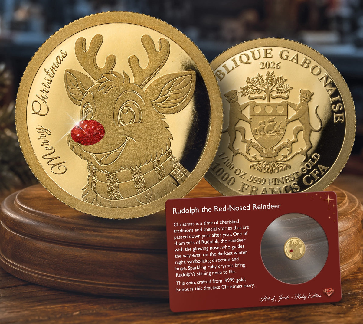 2026 Gabon Rudolph the Red-Nosed Reindeer with Ruby Nose 1/100 oz Gold Coin in Card