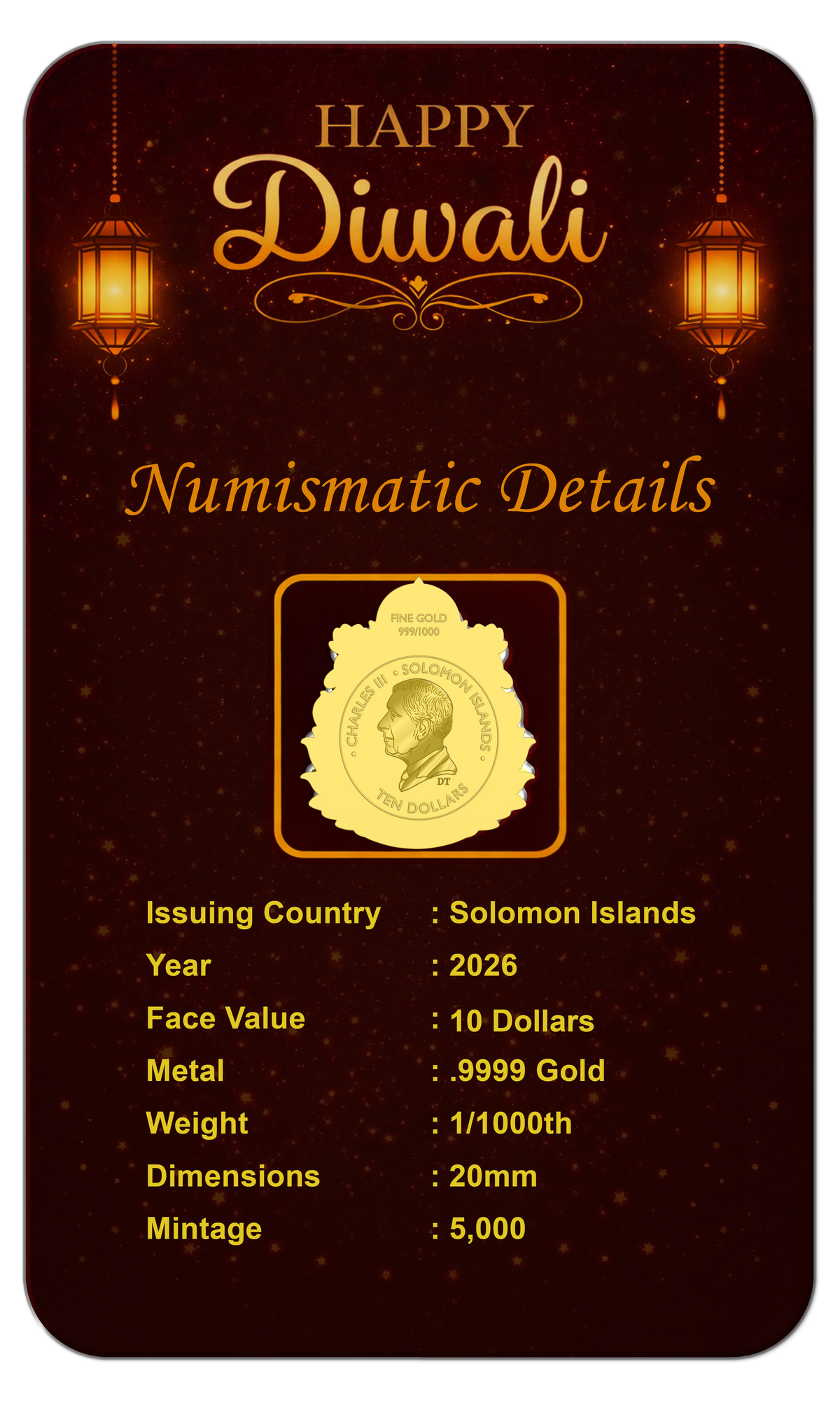 2026 Solomon Islands Diwali Shaped 1/1000 oz Gold Coin in Card