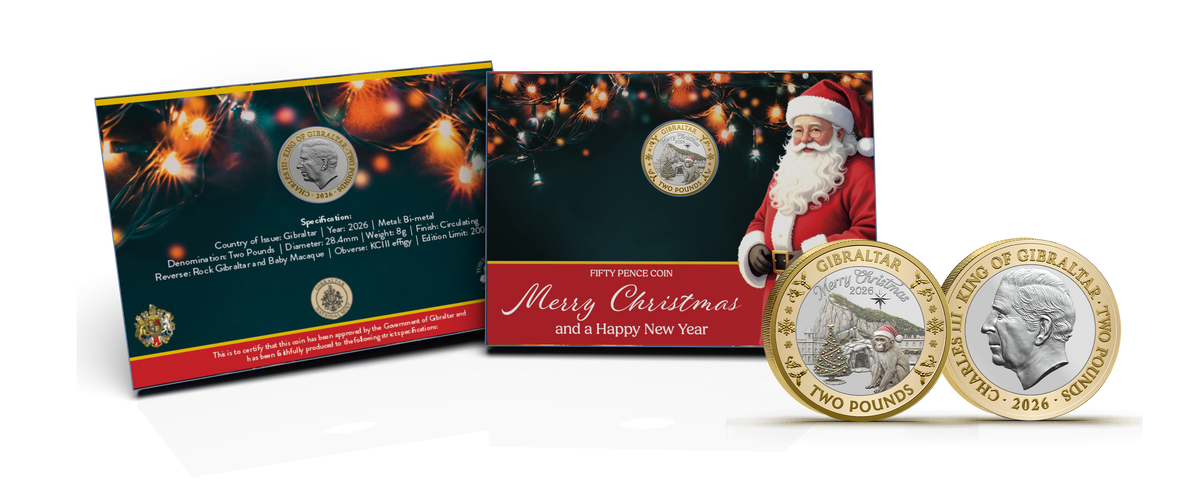 2026 Gibraltar Merry Christmas Colorized 2 Pounds 8g CN Coin in Card