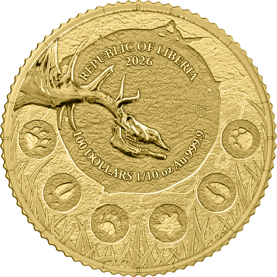 Estimate: 2026 Liberia Megafauna - Giant Deer BU 1/10 oz Gold Coin in Card