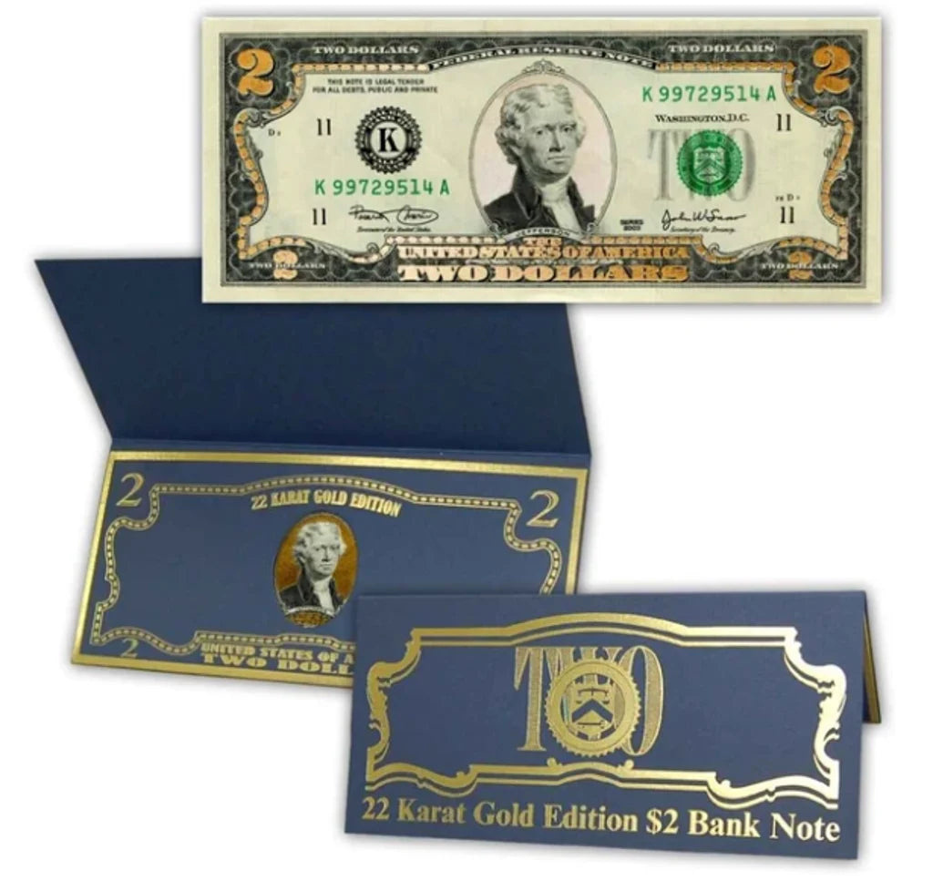 U.S. Genuine Legal Tender $2 Bill 22k Gold Layered Edition