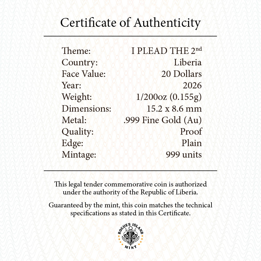 2026 Liberia I Plead the 2nd 1/200 oz Gold Coin (08/03)