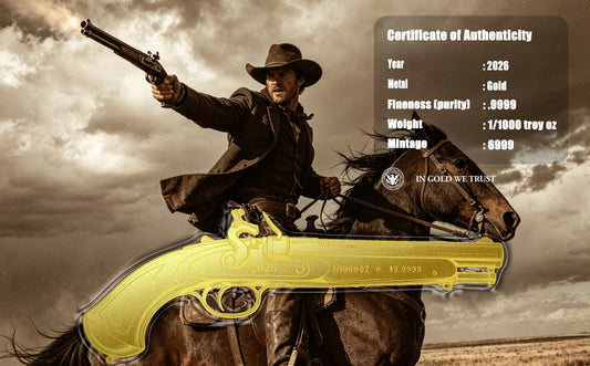 2026 Flintlock Pistol Shaped 1/1000 oz Gold Medal in Card (07/27)