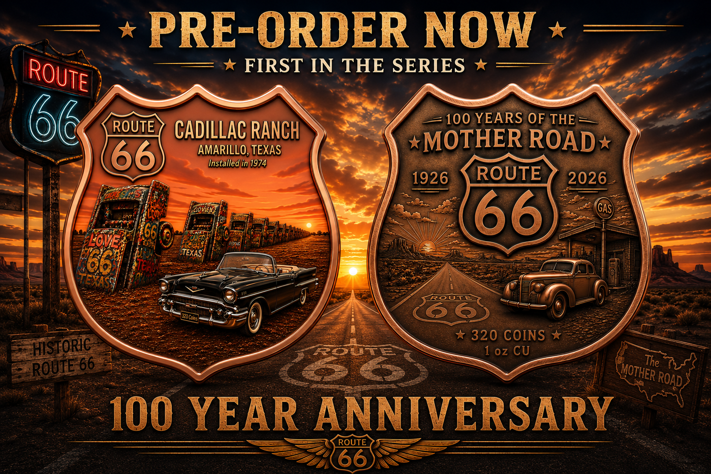New Series! 100 Year Anniv. Route 66 CADILLAC RANCH 1 oz Copper