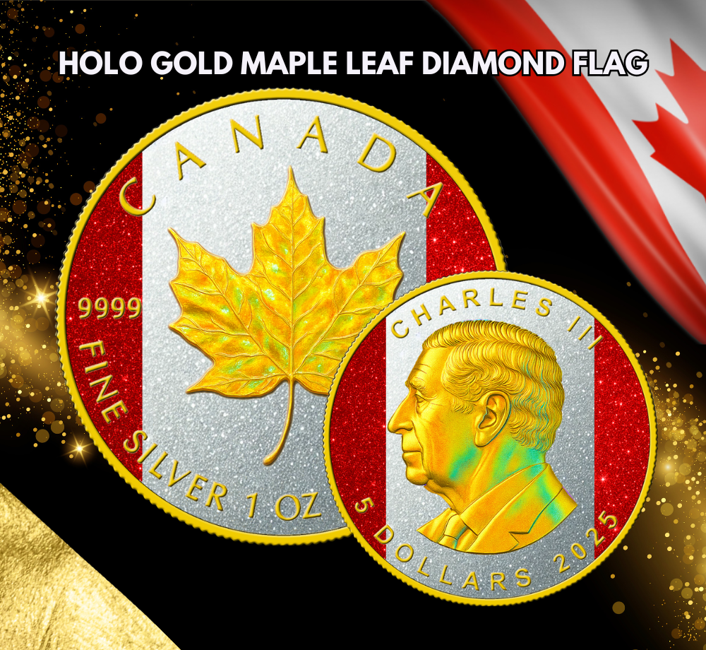 In Stock! 2025 Canada Maple Leaf Holo Gold Diamond Flag Edition 1 oz Silver Coin (06/09)