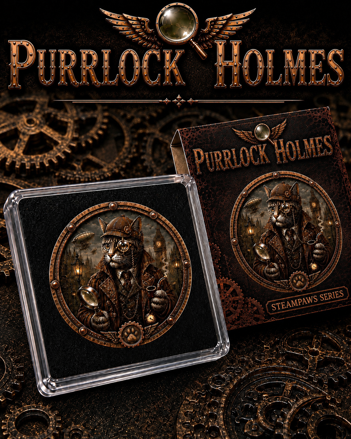 In Stock! Steampunk: Purrlock Holmes 1 oz Copper