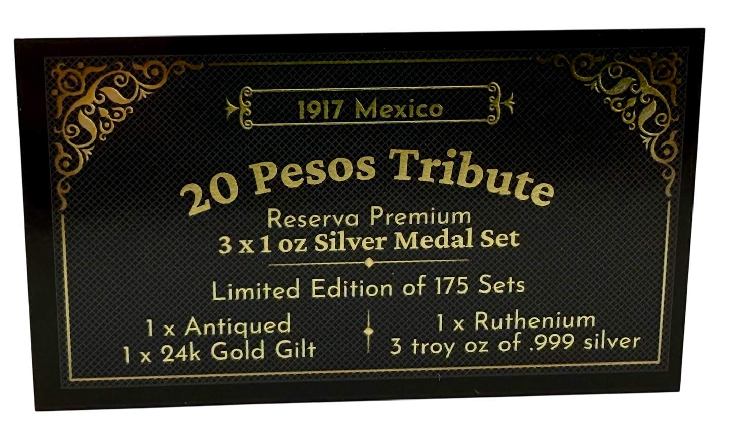 In Stock! 1917 Mexico 20 Pesos Tribute Reserva Premium 3 x 1 oz Silver Medal Set (10/15)