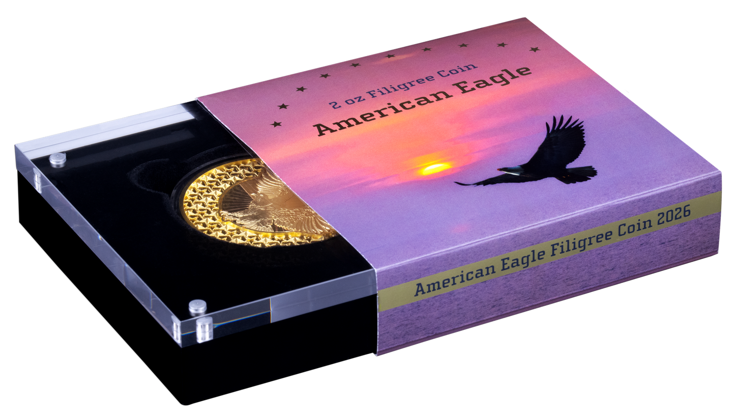 Factory Special! 2026 Solomon Islands American Bald Eagle Filigree Gold Gilt 2 oz Silver Coin (06/09)