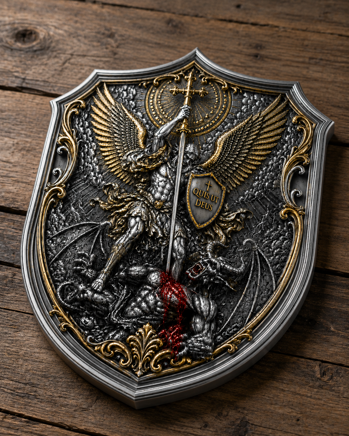 2026 Quis Ut Deus — Saint Michael 5 AVDP oz .999 Fine Silver & Gold Gild Copper High-Relief Shield