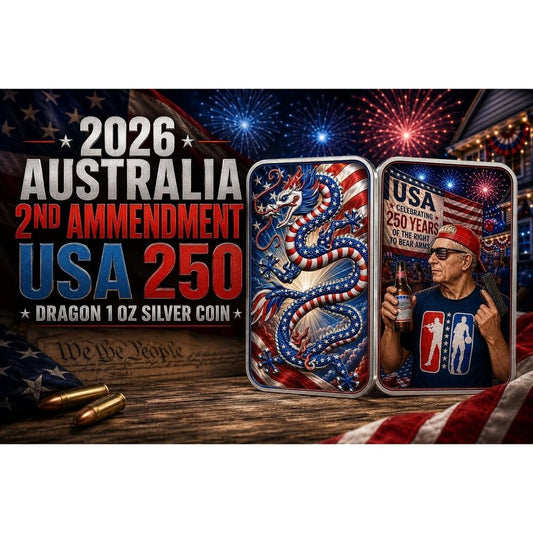 In Stock! 2026 Australia Perth Mint 2nd Amendment USA 250 Dragon 1 oz Silver Colorized Coin Bar (250 Mintage)