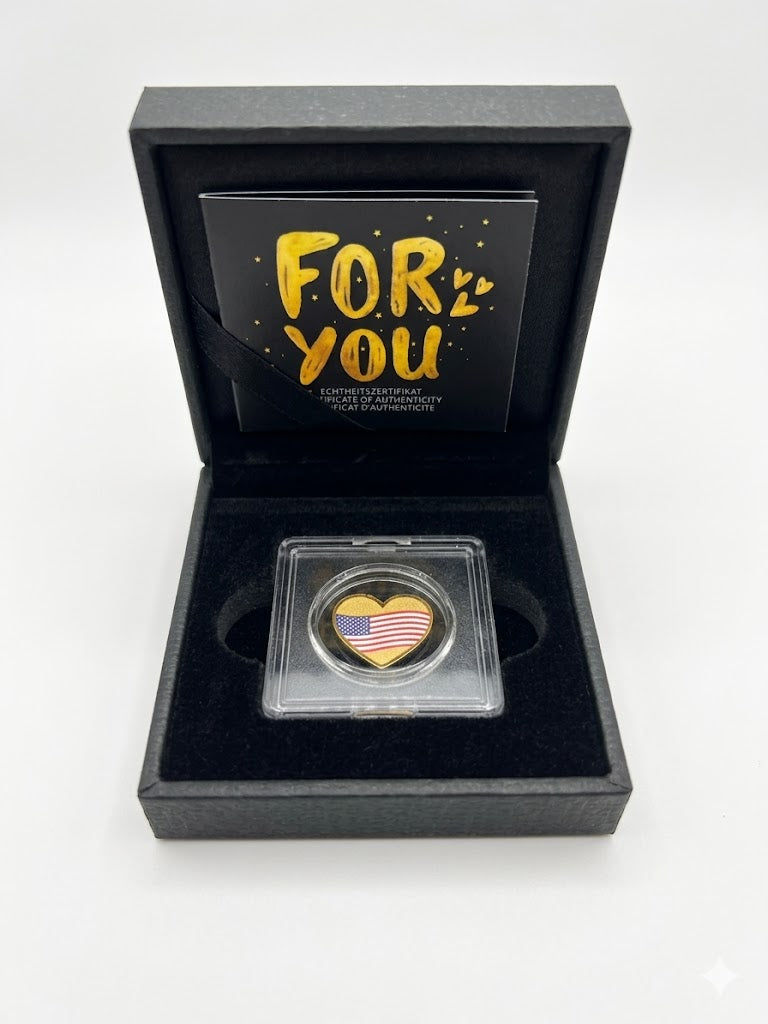 In Stock! Chad American Flag Heart Shaped 1/1000 oz Gold Coin in Box (50,000 Mintage)