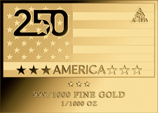 In Stock! America 250th Anniversary 1/1000 oz Gold Medal in Card (25,000 Mintage)