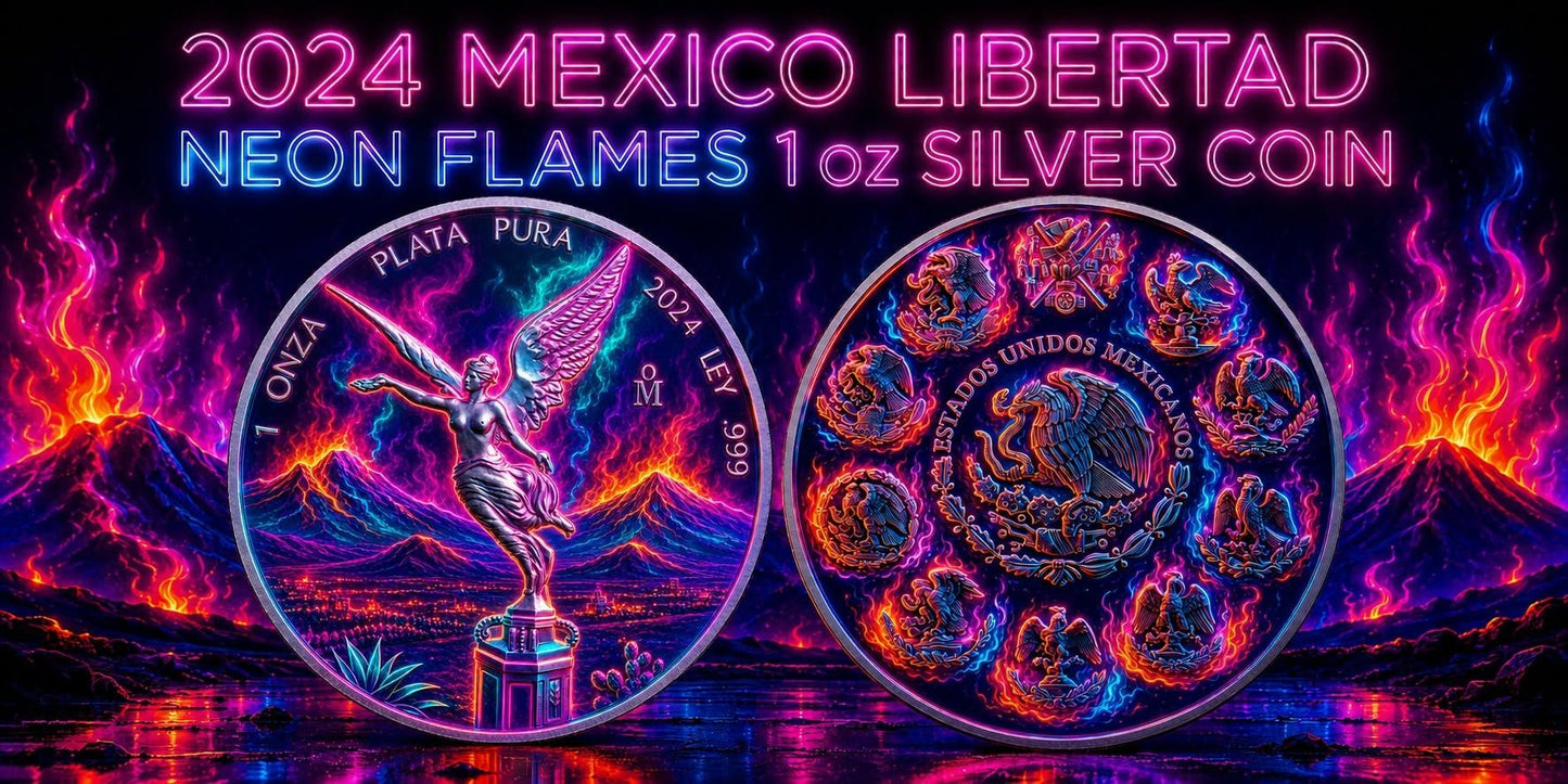 2024 Mexico Libertad Neon Flames Colorized Edition 1 oz Silver Coin (06/15)