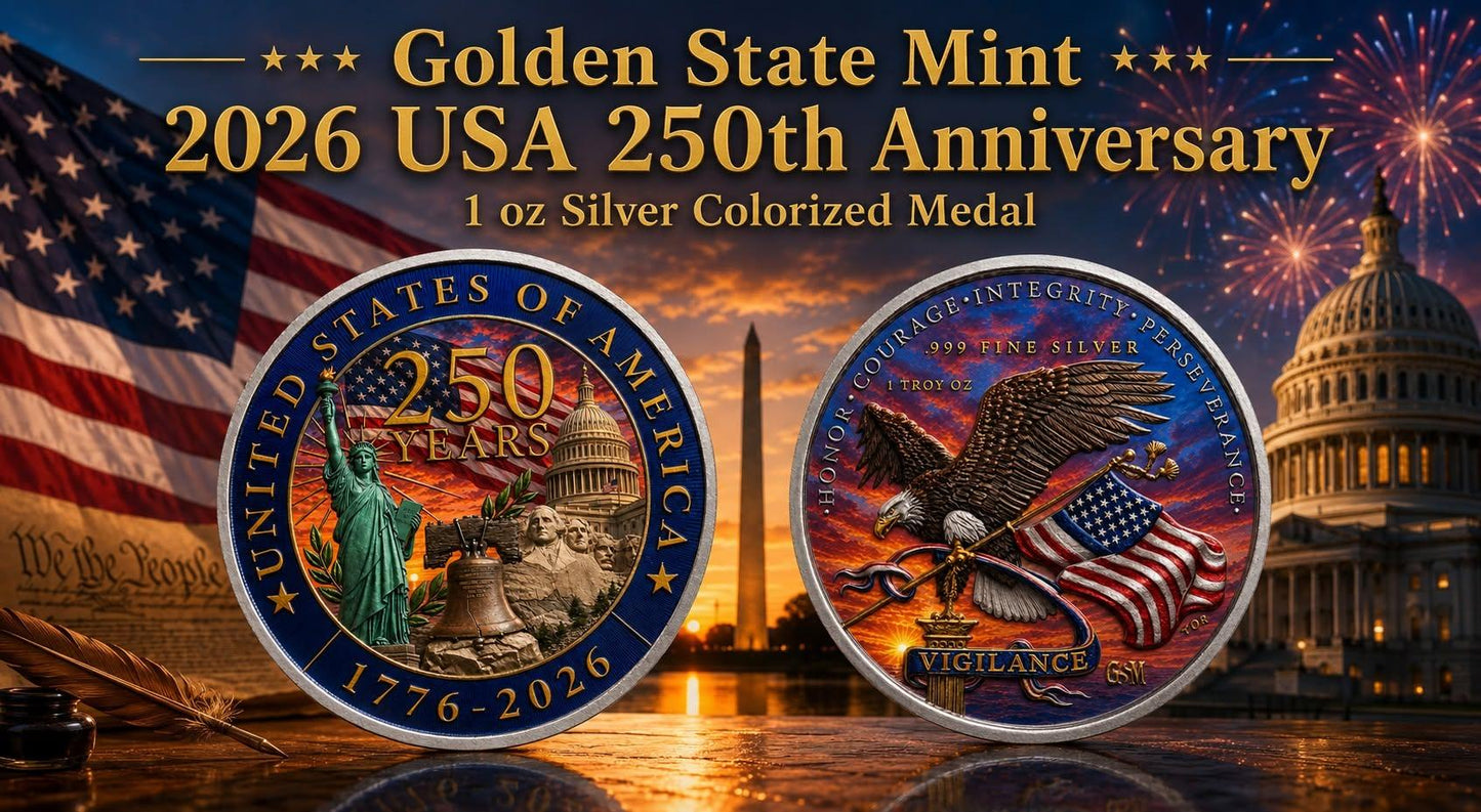 Estimate: Golden State Mint 2026 USA 250th Anniversary 1 oz Silver Colorized Medal (Mintage TBD at end of Presale)