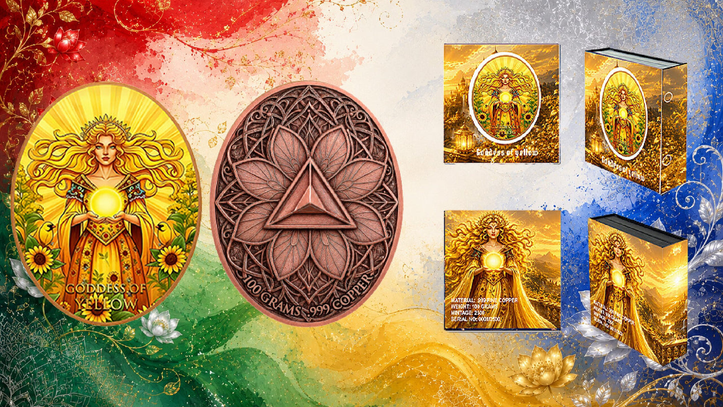 5th in series! 100 Gram Goddess Series - Goddess of Yellow Colorized Copper in Display Box