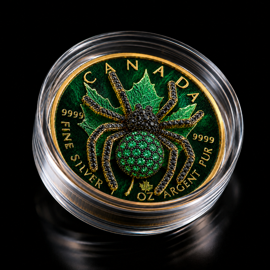 14-Hour offer! The Emerald Tarantula 1 oz .999 Fine Silver Gilded Maple with 3D Jewel Spider