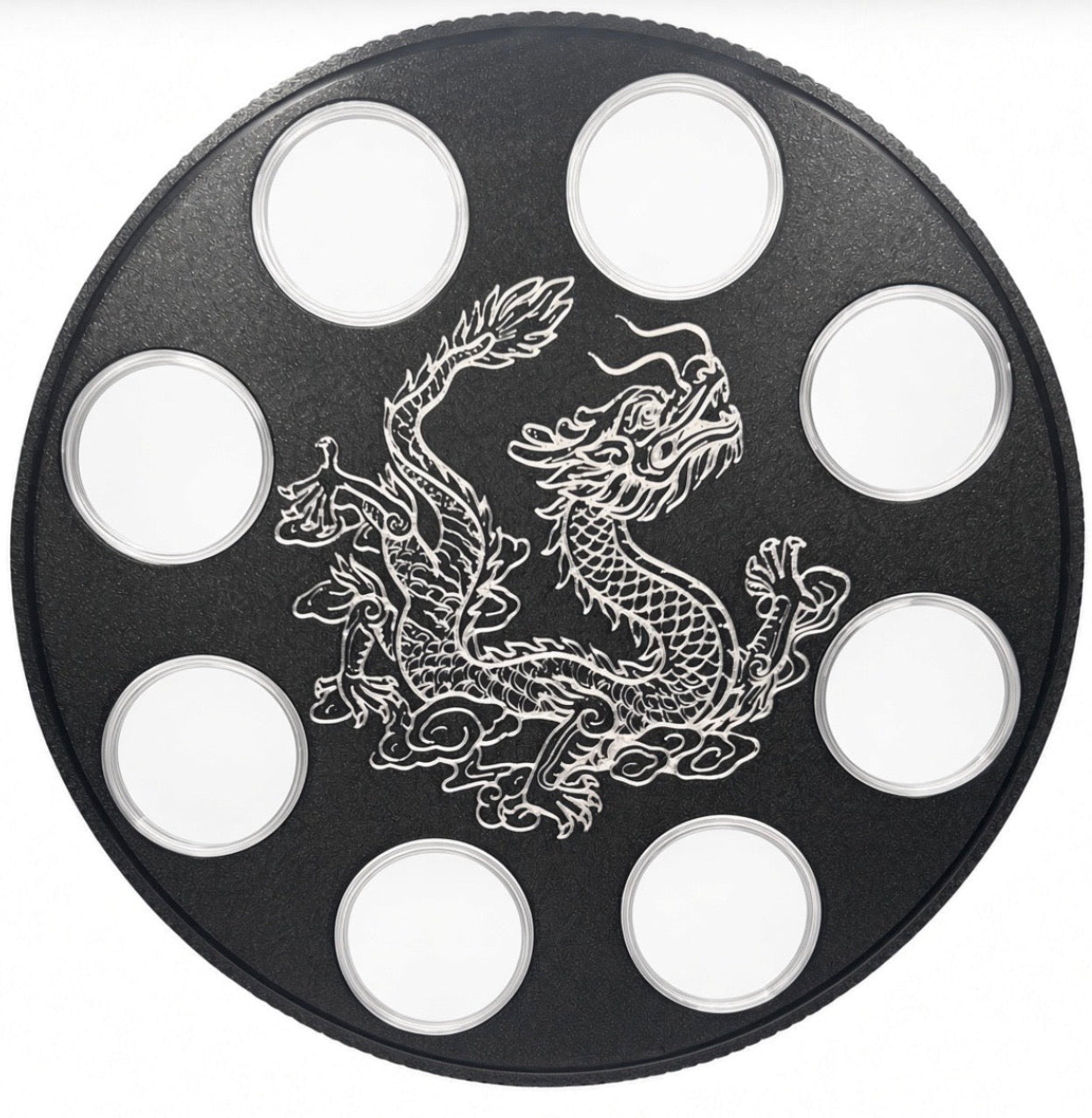 CHINESE DRAGON WALL HANGER COIN DISPLAY! BLACK AND SILVER COLOR SCHEME