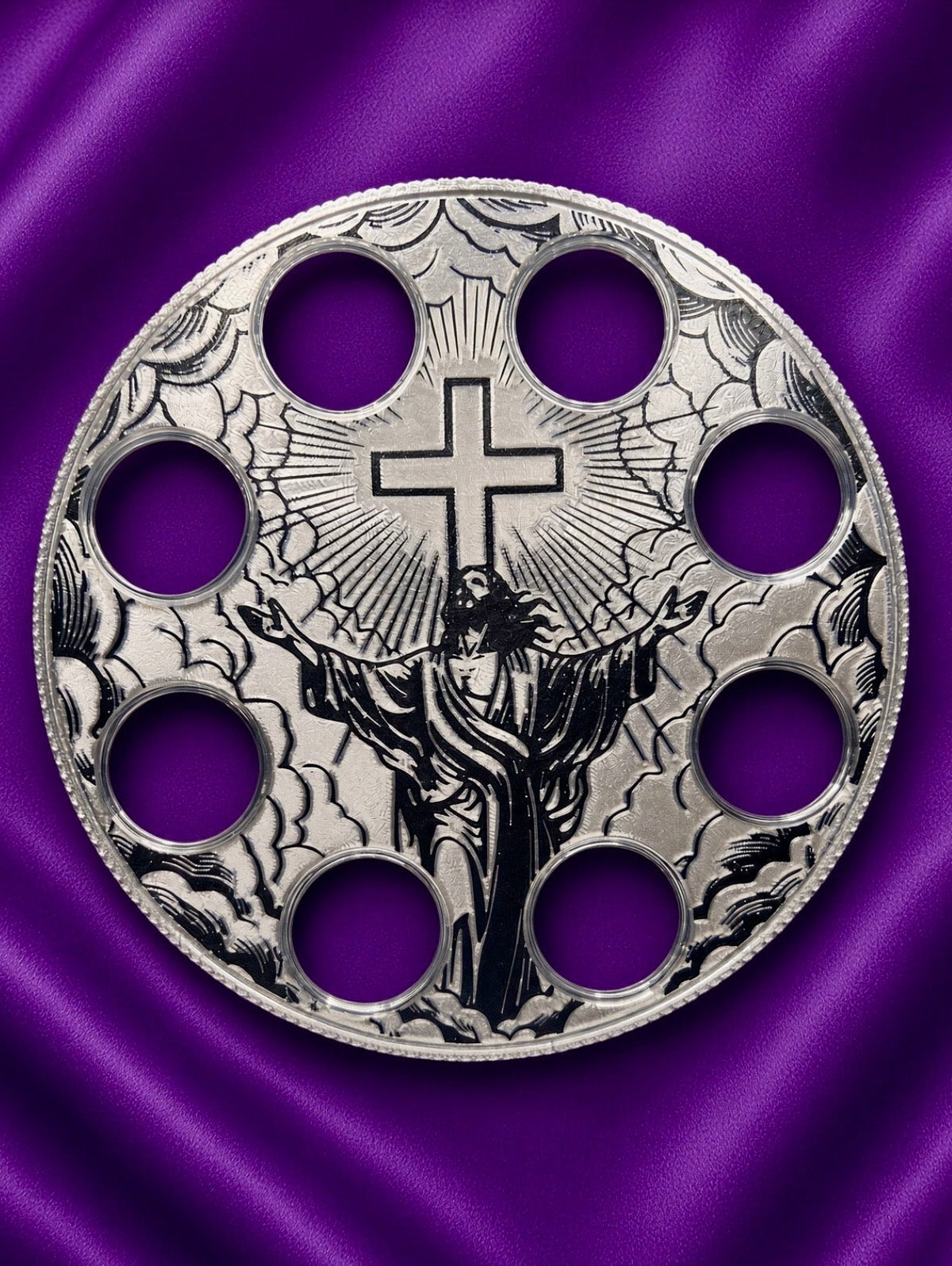 JESUS WALL HANGER COIN DISPLAY! SILVER AND BLACK COLOR SCHEME.
