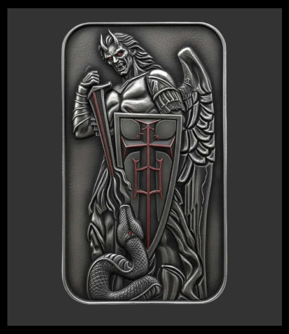 In Stock! Scottsdale Mint 1 oz Silver Evil Fallen Archangel Michael Colorized Art Bar