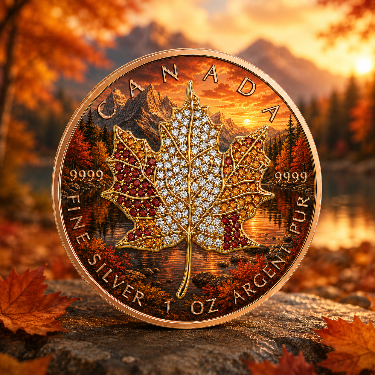 New 4pc Series! 2026 Seasons Fall Maple Bejeweled 1oz .9999 Fine Silver Colorized Canadian Maple