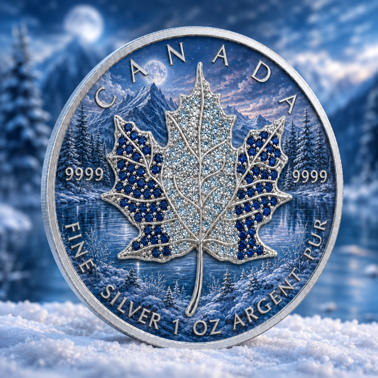 New 4pc Series! 2026 Seasons Winter Maple Bejeweled 1oz .9999 Fine Silver Colorized Canadian Maple