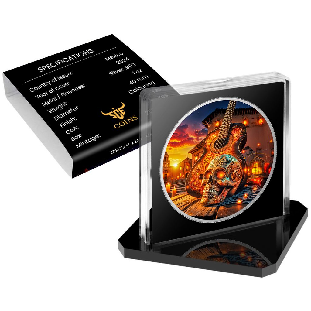 In Stock! 2024 Mexico Libertad Dia de los Muertos Guitarist Morning Edition 1 oz Silver Coin (250 Mintage)