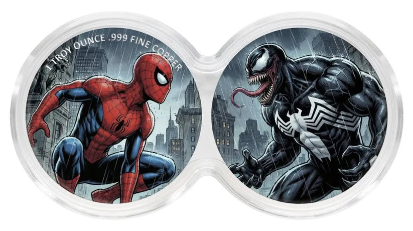 In Stock! 2 x 1 oz Spiderman vs Venom .999 Copper Medal in Infinity Capsule