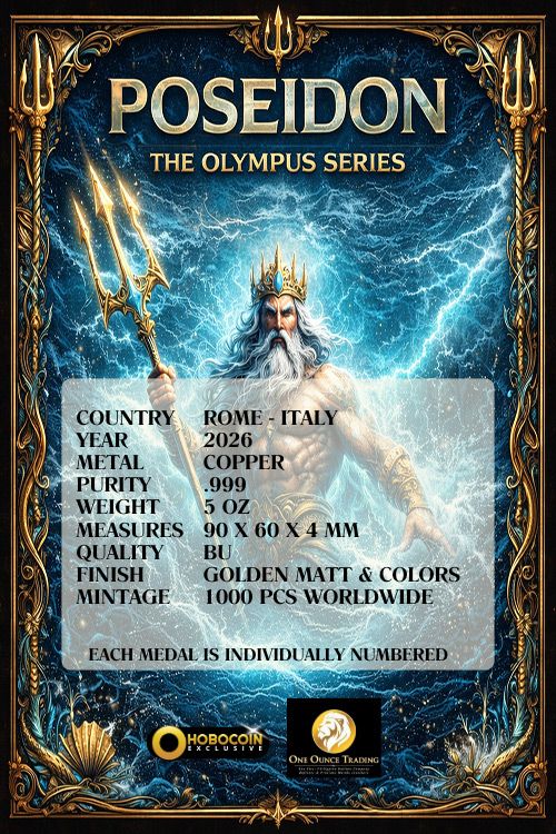 2026 Olympus Series Poseidon Colorized 5 oz Copper Medal (02/09). New series!