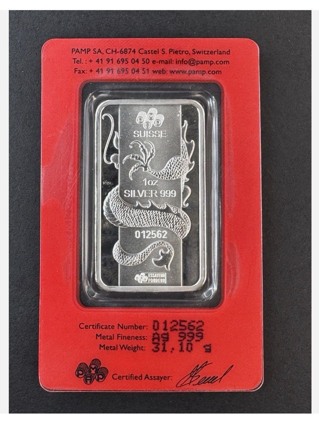 In Stock! 2012 PAMP Suisse Lunar Dragon 1 oz .999 Silver Bar