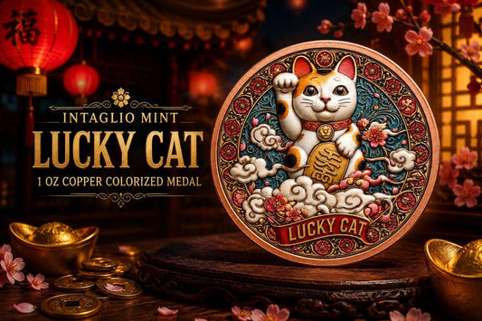 Intaglio Mint Lucky Cat 1 oz Copper Colorized Medal in Capsule