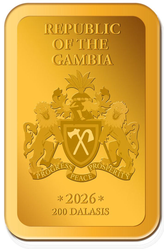 Estimate! ONE DAY OFFER: 2026 Gambia 200 Dalasi Roaring Lion 1 Gram Gold Currency 15.20mm Coin-Bar (25000 Mintage)