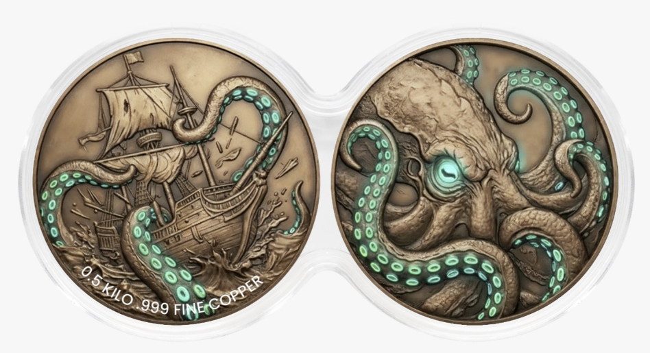 See the Back! Kraken Glow-in-the-Dark 2 x 1/2 Kilo Copper Medal Set in DuoStack Capsule (03/05)