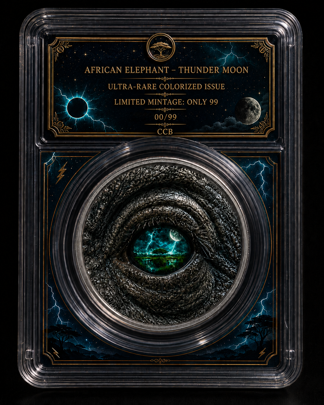 2024 100 Shillings African Wildlife Elephant: Thunder Moon 1oz .999 Fine Silver Colorized Coin