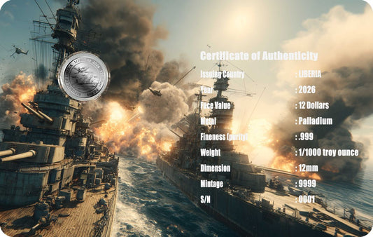 2026 Liberia Battle of Midway 1/1000 oz .999 Palladium Coin in Card