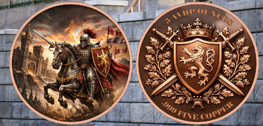 In Stock! 5oz Knight of the Realm Colorized Copper in Capsule