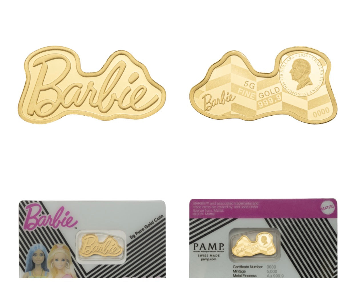 Estimate! 2026 Solomon Islands PAMP Barbie Logo 5 Gram Gold Proof-Like Coin in Assay Card