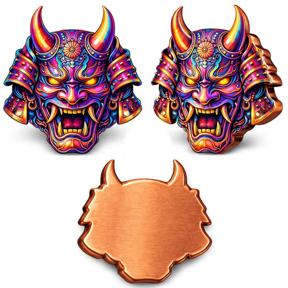 First in the Series! 2026 Shaped Oni Mask Colorized 5oz AVDP .999 Shaped Copper