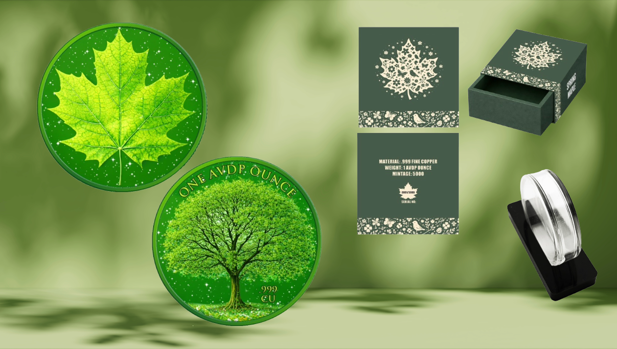 1oz Spring Maple featuring Dual Sided Diamond Dust Copper with Box/Display. Next in series!