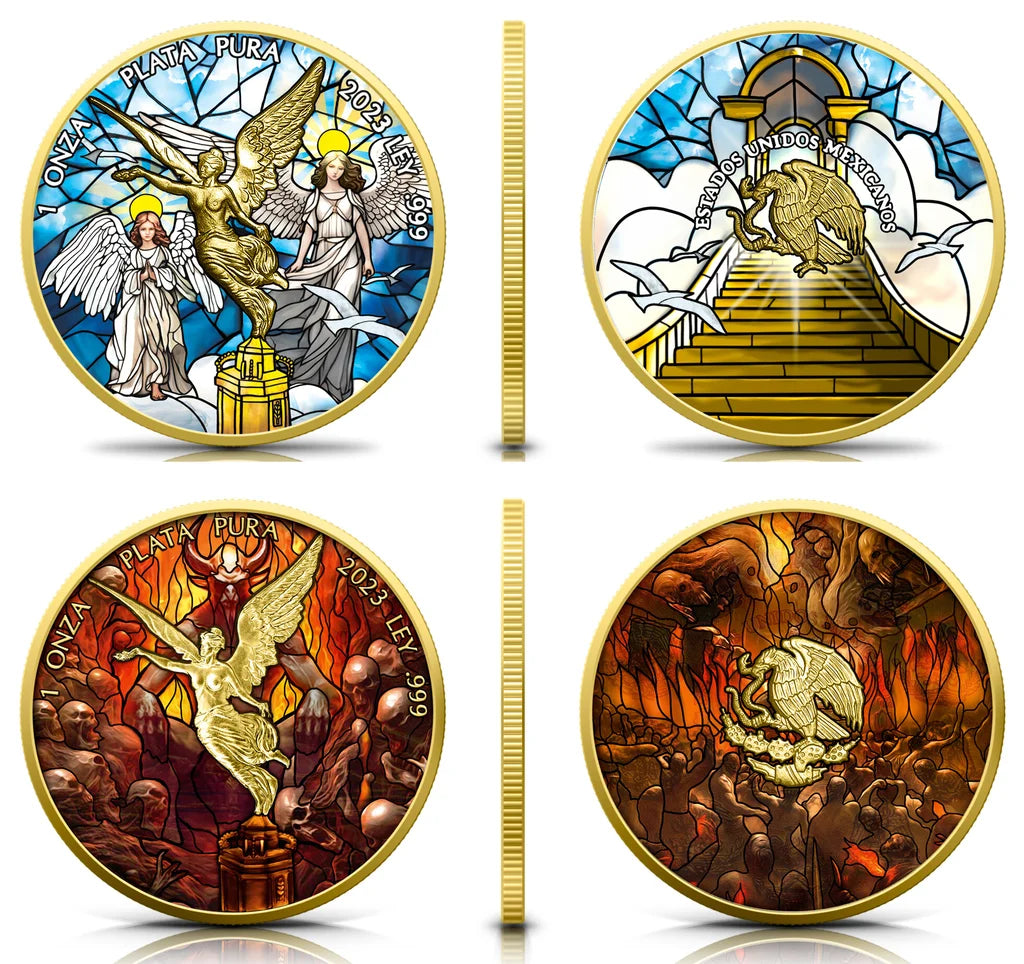 In Stock! RARE! 2023 Mexico Libertad Stained Glass Heaven & Hell Edition 2 x 1 oz Silver Coin Set
