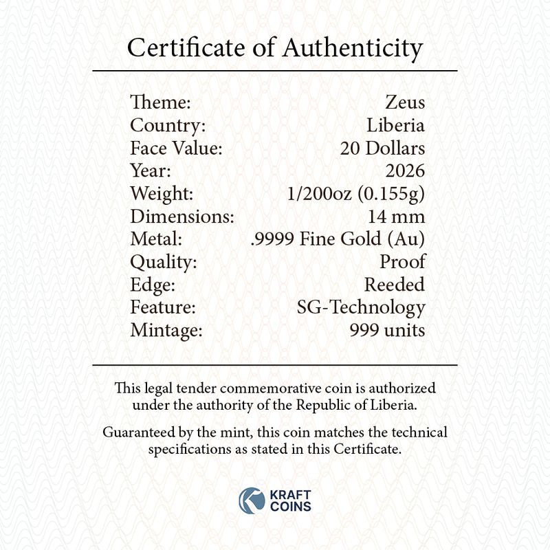 2026 Liberia Zeus Proof 1/200 oz Gold Coin (03/27)