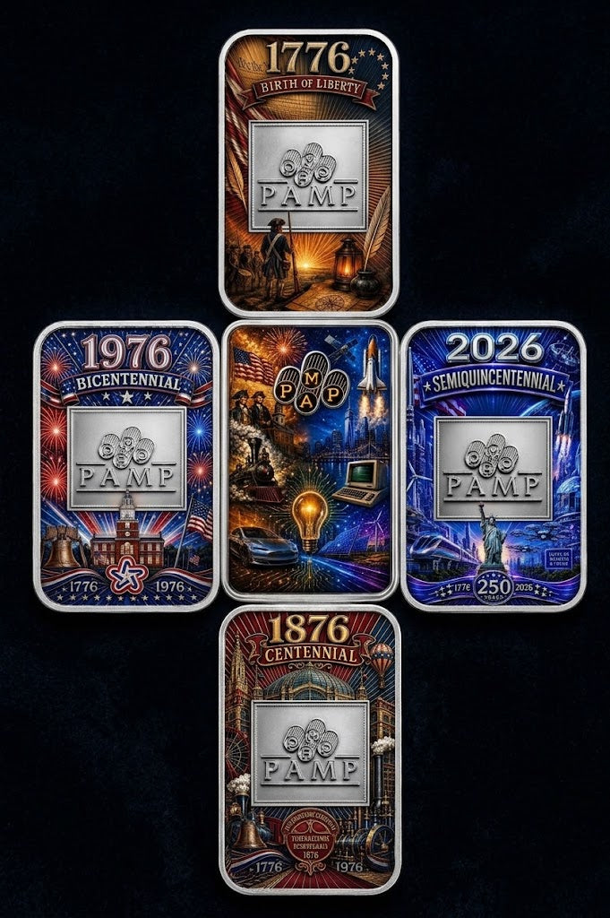 In Stock! Complete Set! PAMP USA 1776, 1876, 1976, and 2026! CENTENNIAL 1 oz Silver Bar (250 Mintage)