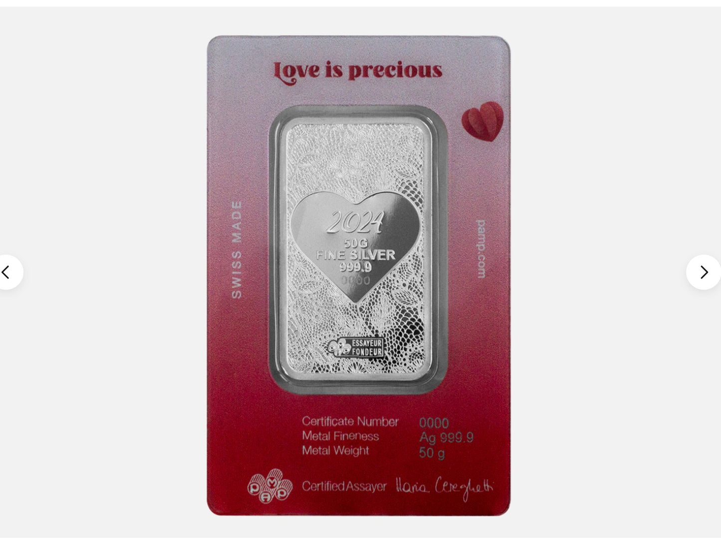In Stock! 2024 Pamp Love is Precious Holographic 50 Gram Silver Bar