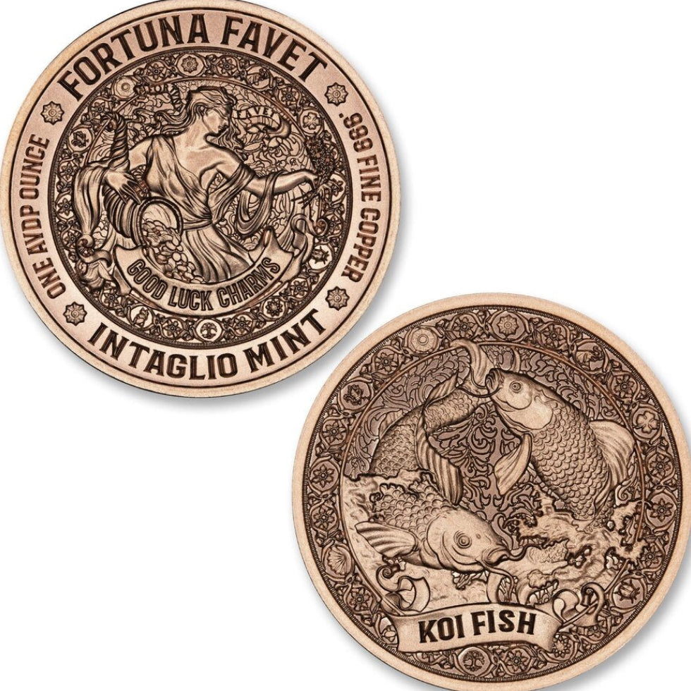 In Stock! Intaglio Mint Fortuna Favet Good Luck Charms - Koi Fish 1 oz Copper Round (04/14