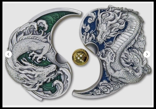 In Stock! 2024 China 2-oz Silver Split Two Dragons Antiqued Gilt Enameled Medal w/Pearl