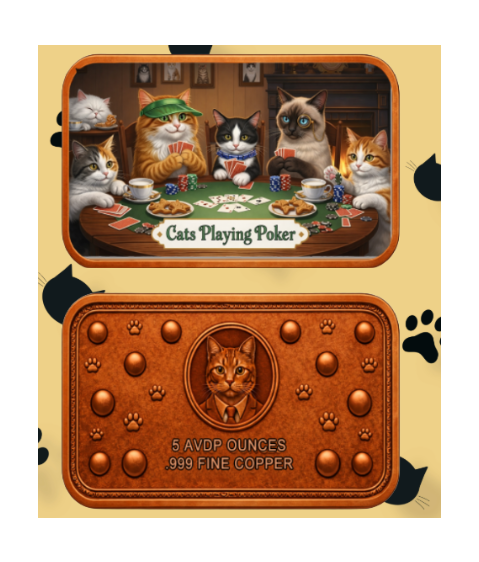 In Stock! Cats Playing Poker Colorized 5 oz Copper Bar
