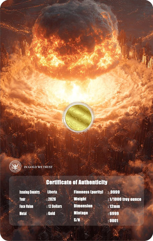 2026 Liberia Atomic Bomb 1/1000 oz Gold Coin in Card (04/15)