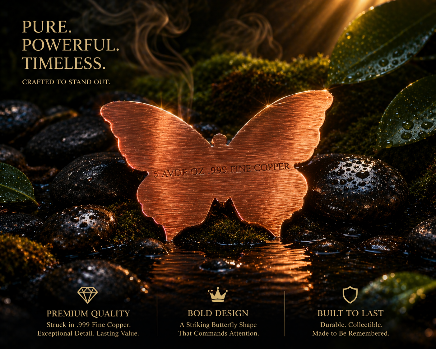 5 AVDP OZ .999 Fine Copper Butterfly Bar – Copper Bullion Art Piece