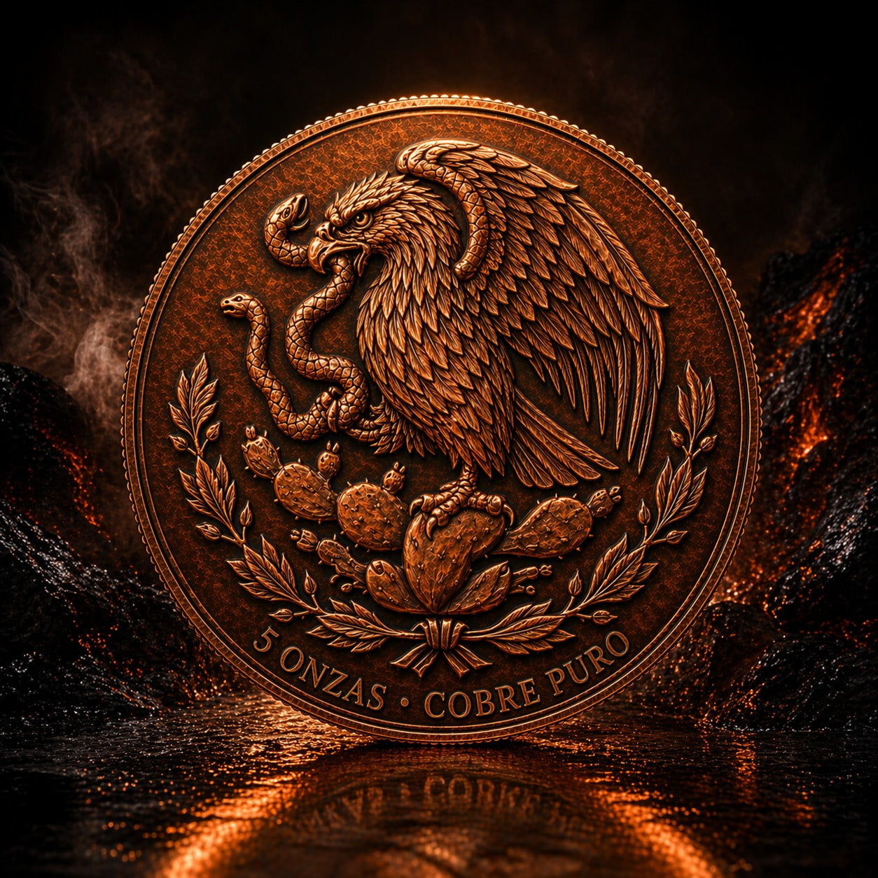 Libertad of Fire 5 Onzas Copper Round – Cobre Puro Volcanic Libertad Coin with Mexican Eagle Reverse