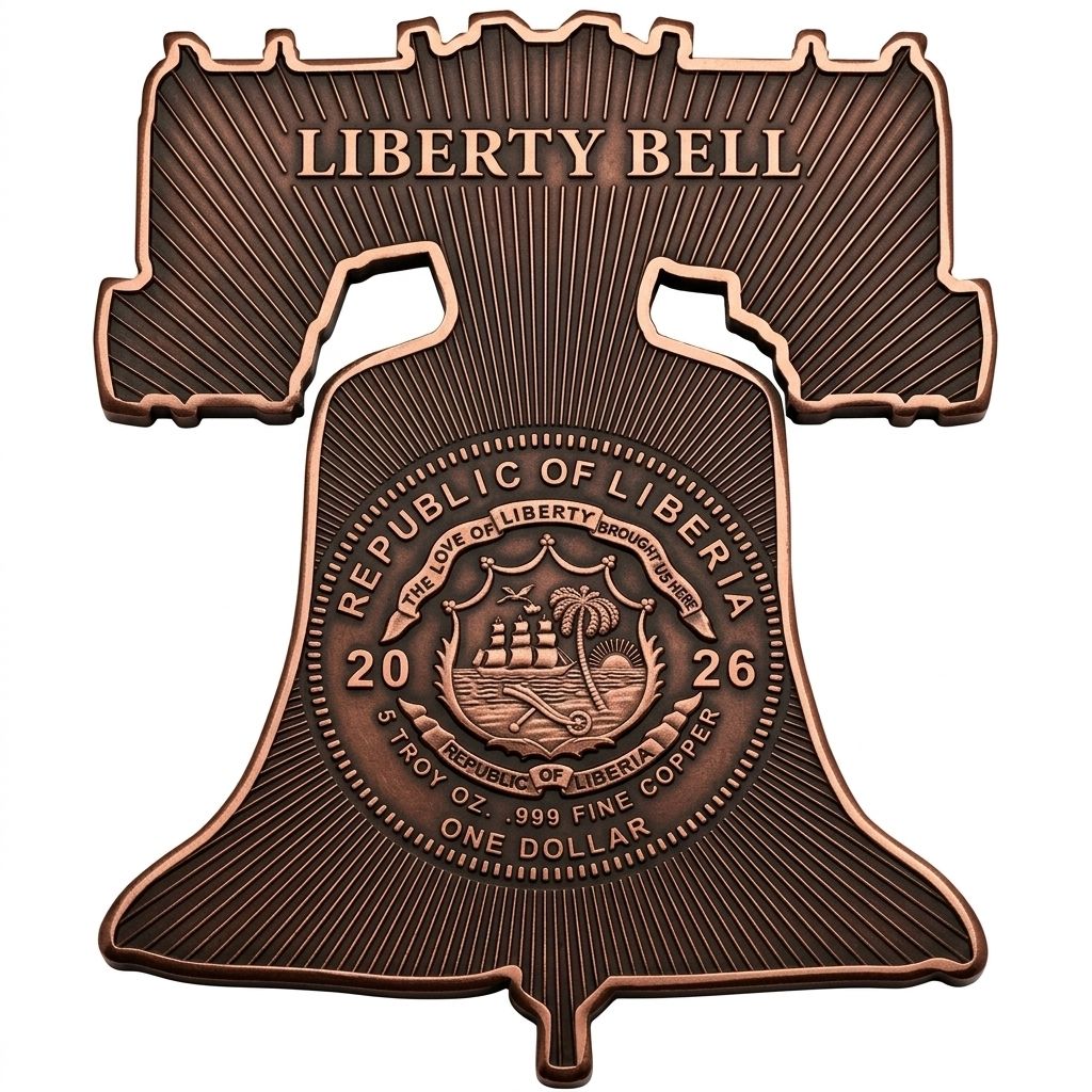 In Stock! Gov Backed! 2026 Liberia Liberty Bell Shaped 5 oz Copper Coin